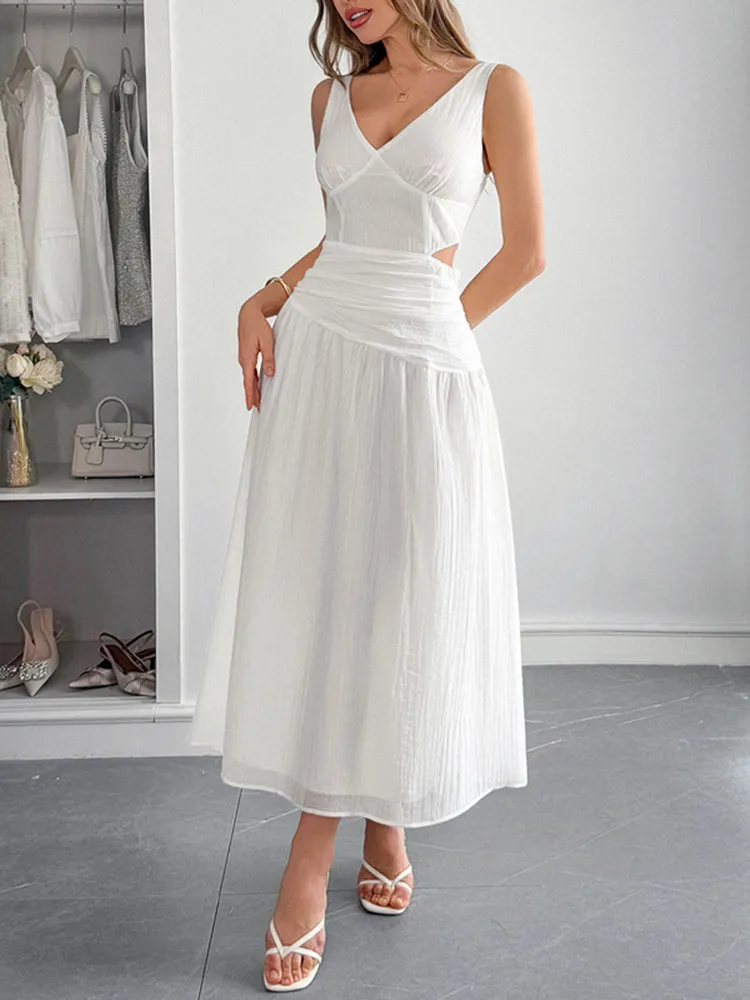 

SKMY Solid Color Elegant Temperament Deep V-Neck High Waist Hollow Out Party Long Dresses Women Clothing Spring And Summer 2025