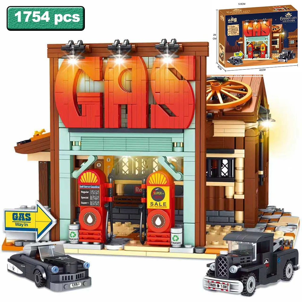 

City Auto Repair Center Building Blocks MOC with LED Lights House Architecture Friends Retro Cowboy Town Bricks Toys Kids Gifts
