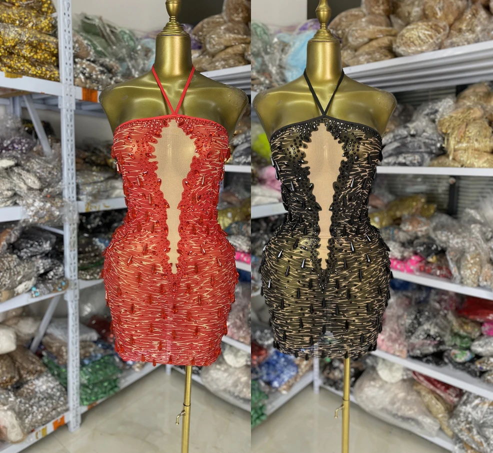 Mulheres brilhantes strass malha halter bodycon mini vestido celebridade noite clube vestido de festa festival musical trajes de palco