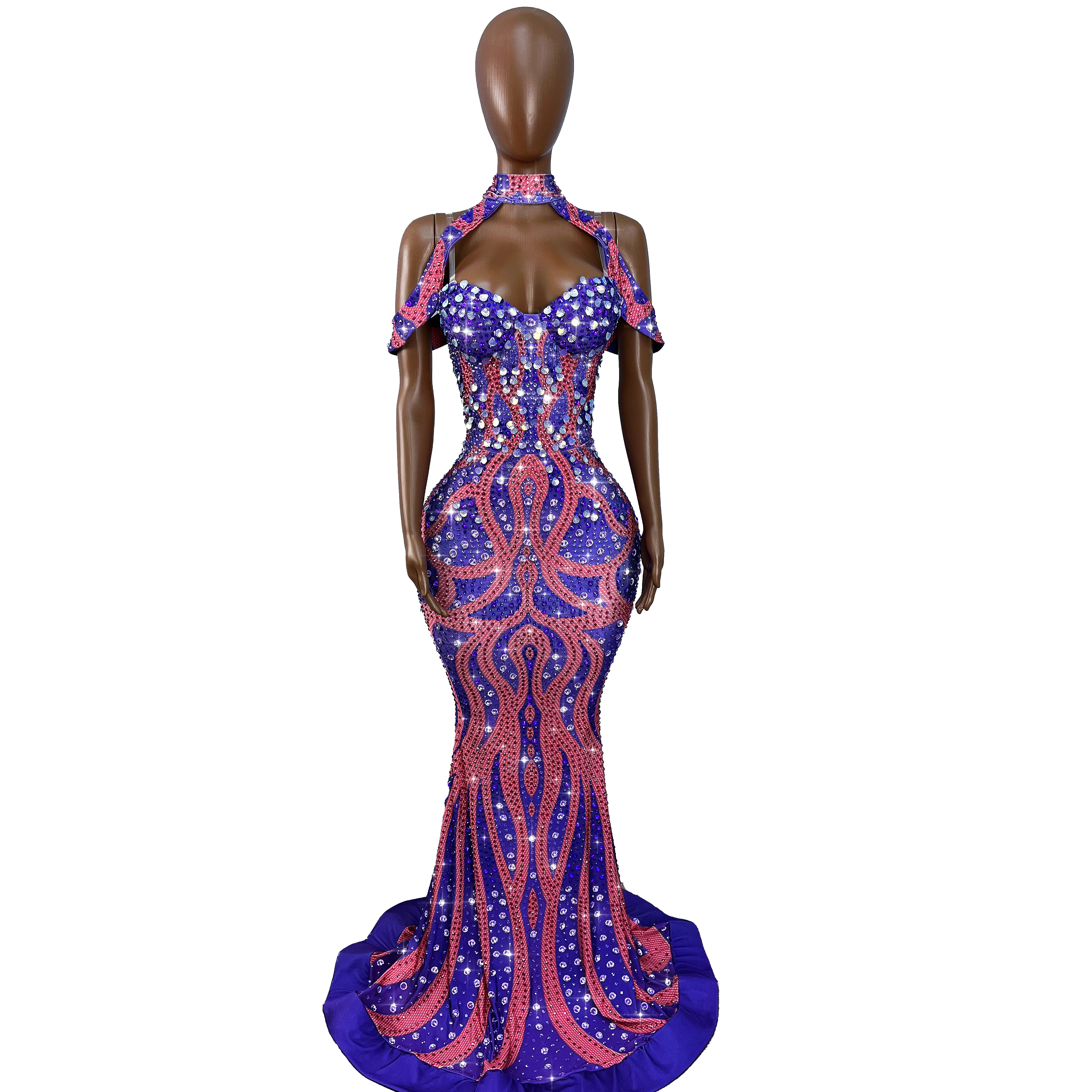 

Graceful Sparkly Rhinestones Sequins Trim fit Cape collar Dress Women Evening Prom Gown Red carpet Show Stage Outfit Moyulv