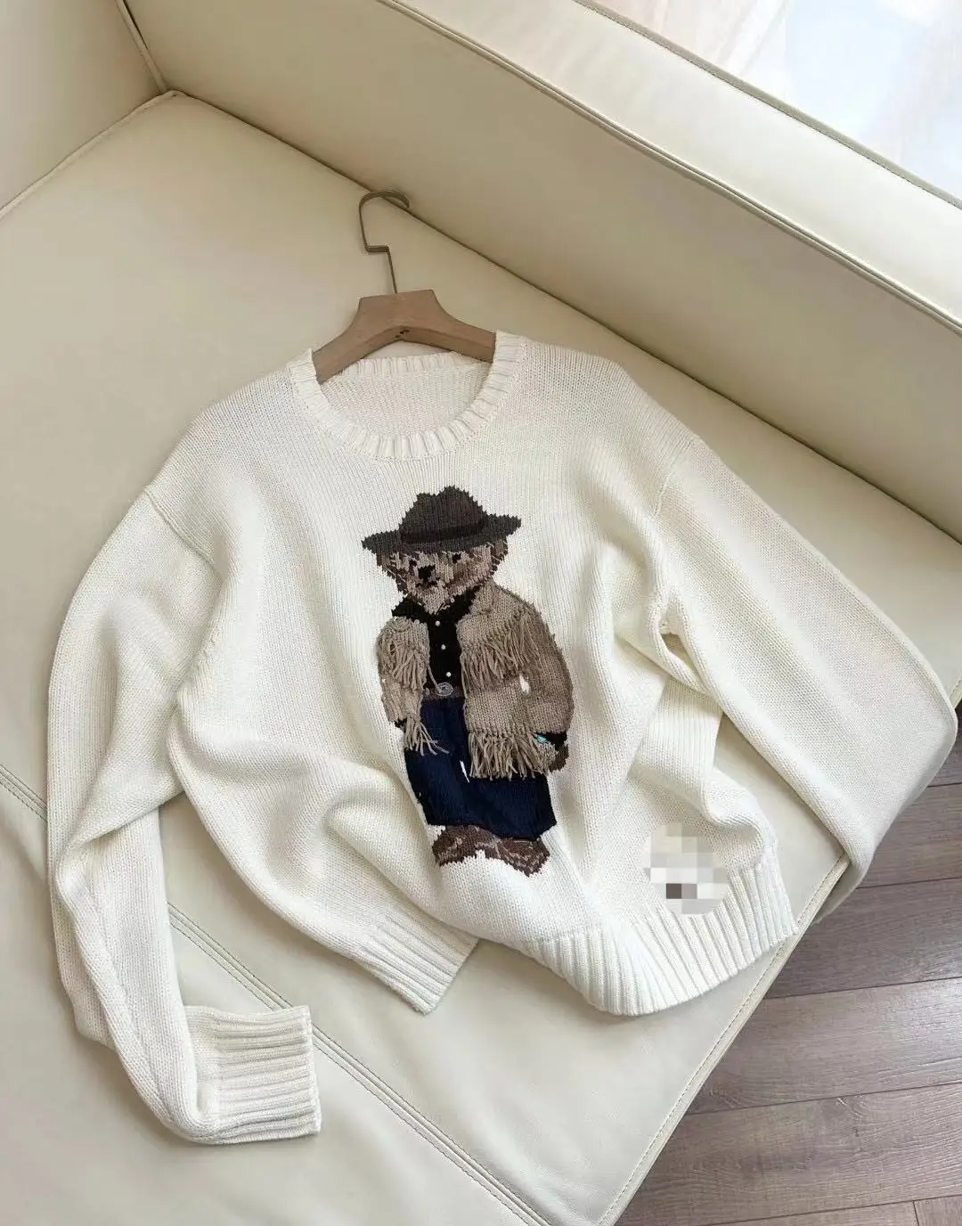 

Pure Cotton Knitted Bear Embroidery Women's Sweater Overhead Sle Fall New Arrival Comfortable Loose Fit Long Sve round Ne
