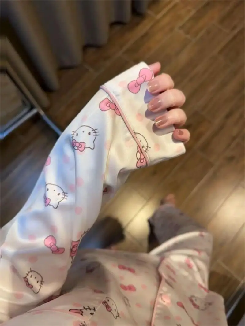 

Sanrio новые пижамы из 2 предметов, пижамы в горошек «Hello Kitty», стиль принцессы, женские осенние новые комплекты домашней одежды с длинными рукавами для общежития