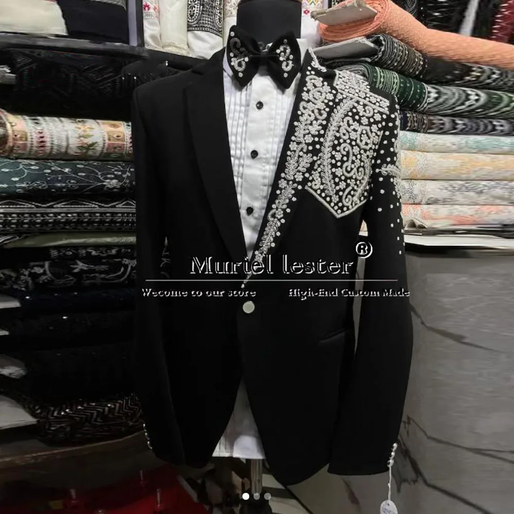 

Chic Suits Men Crystals Beading Jacket Pants 2 Pieces Bridegroom Wedding Tuxedos Tailored Male Business Banquet Prom Blazer Set