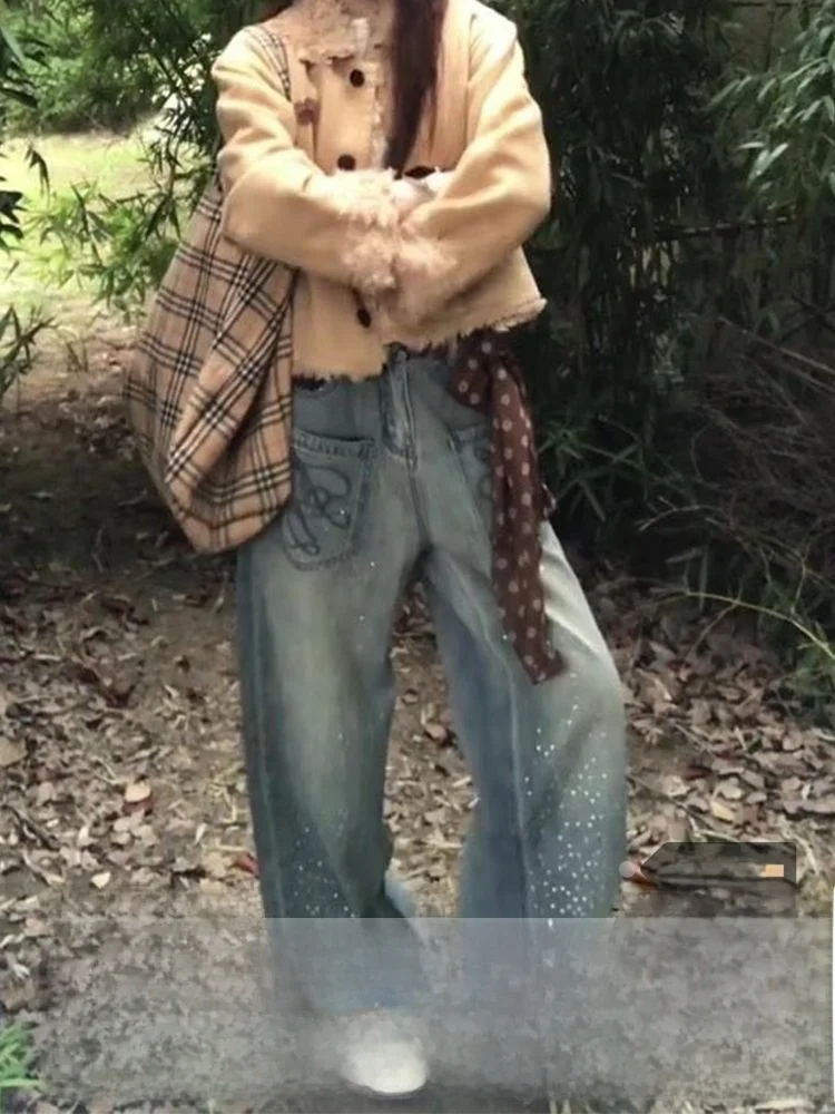 

Джинсы American Sle с ромбовидной вышивкой, женские джинсы больших размеров, осенне-зимние утягивающие брюки длиной до пола