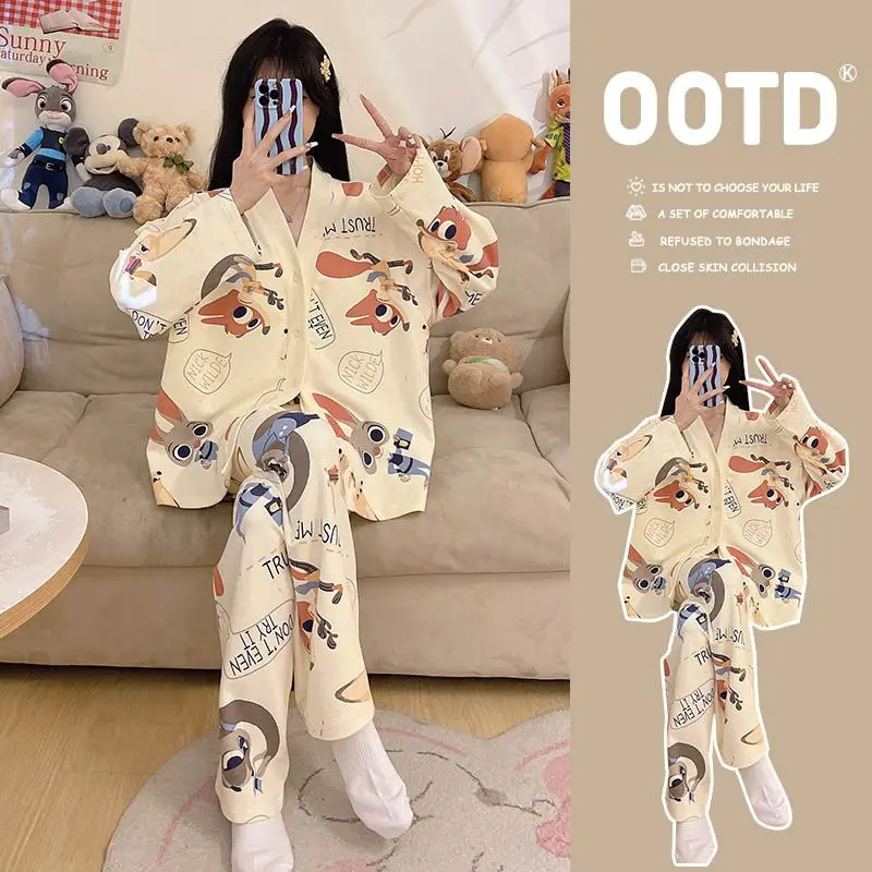 

Disney Zootopia Merchandise Soft Adorable Nick Judy Cartoon Print Spring Fall Pajama Set Cozy Loungewear Daily Leisure Casual