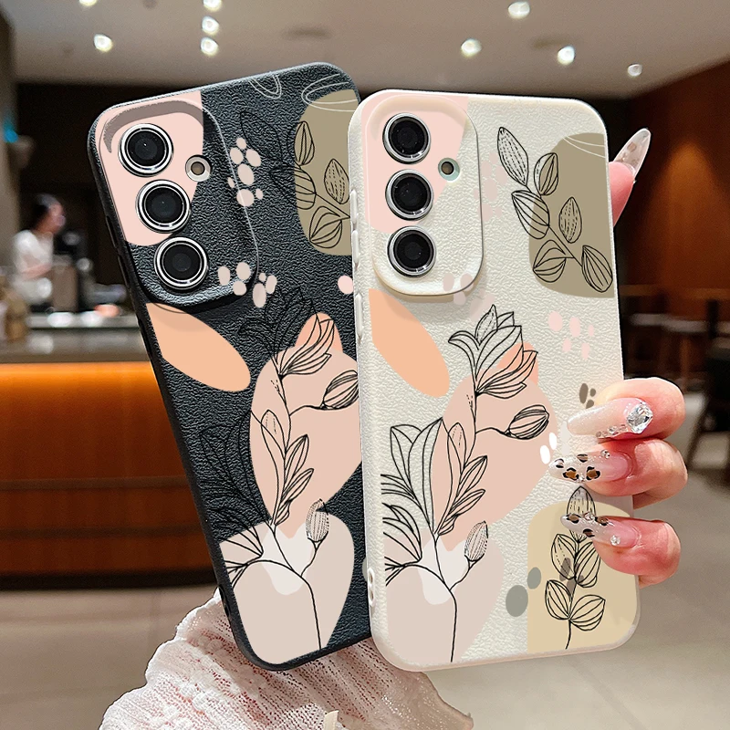 Line Flower Case For Samsung Galaxy A55 A54 A35 A25 A15 5G A16 A53 A52 A34 A14 S20 S21 FE S22 S23 S24 Ultra Capa Leather Texture