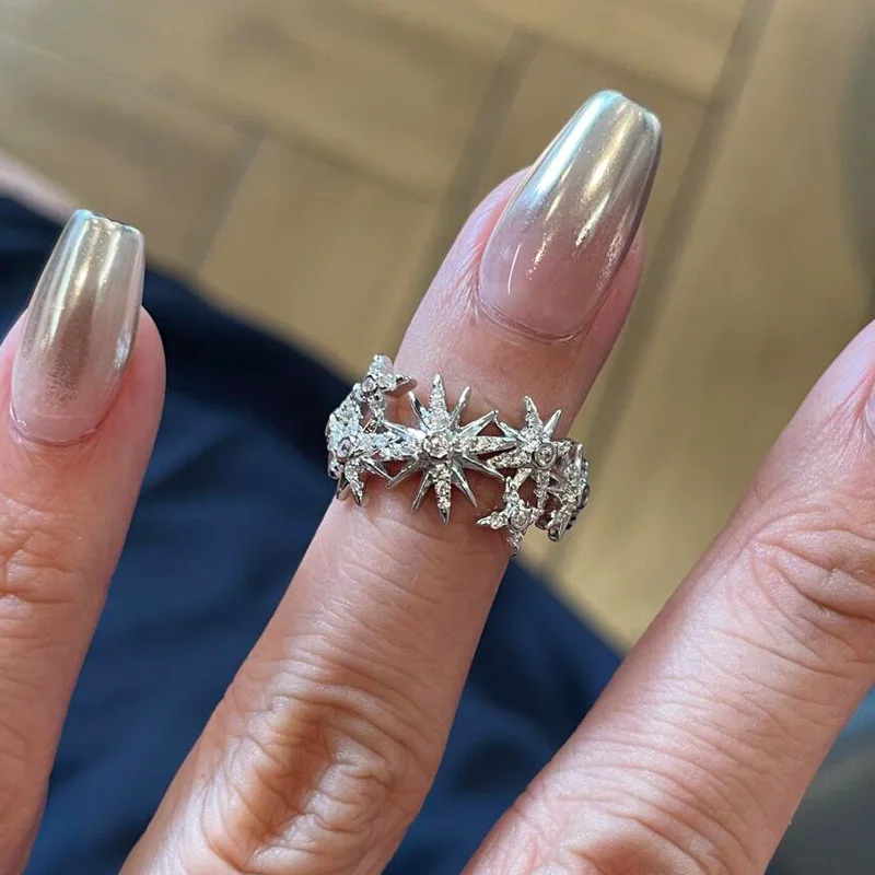 Hip hop style trend full diamonds eight pointed star ring for women high-end ring adjustable party Vintage Fine jewelry gift