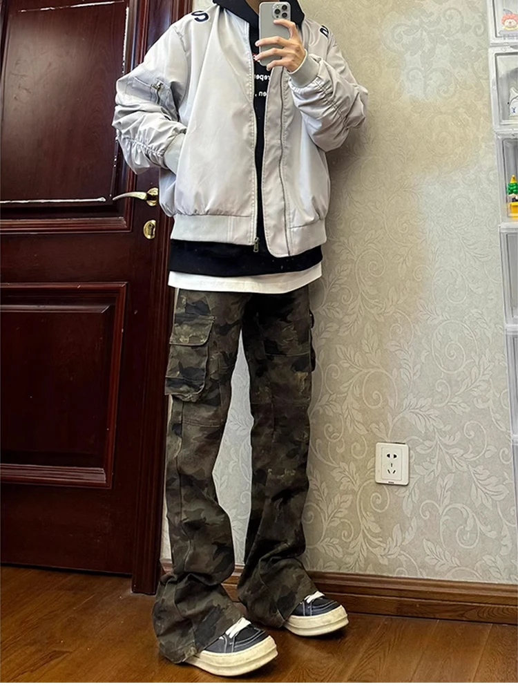 

Модные камуфляжные рабочие брюки мужские весенние в американском стиле, прямые, с высокой талией, утягивающие, расклешенные брюки-клеш