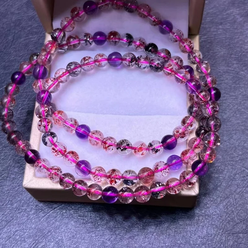 

Purple Hair Three Ring Bracelet Mica Super Seven Gold Strawberry Crystal Transparent Jewelry