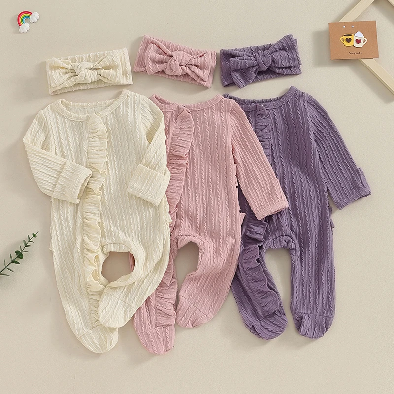 

0-12M Spring Princess Newborn Infant Baby Girl Solid Color Ruffle Romper Long Sleeve Cotton Baby Playsuit Jumpsuit with Headband