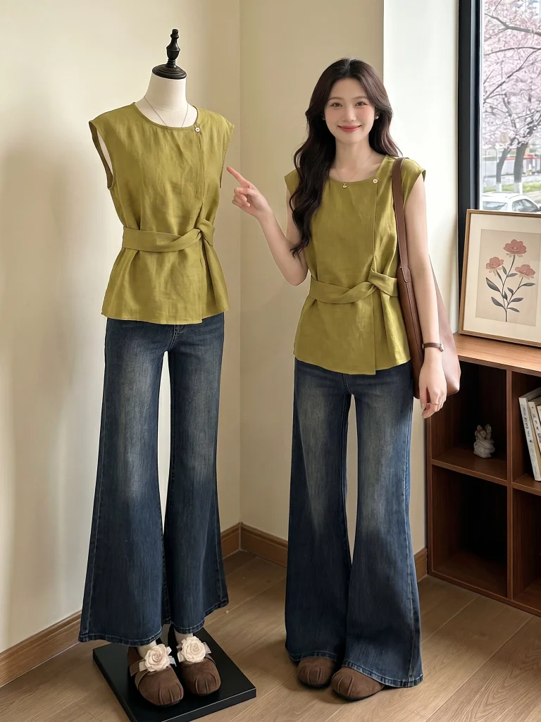 

Mustard Yellow Women's Shirt Shoulder to Hip Summer New Style plus Size Slimming Waist Design Sleeveless Fashionable Top