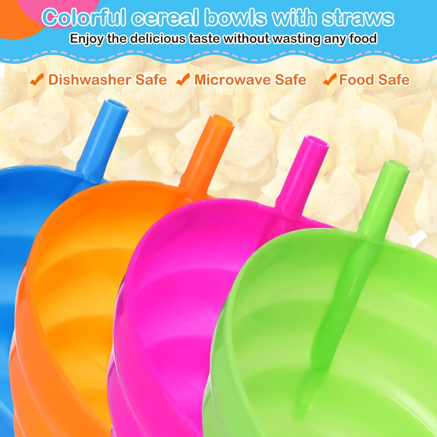 4PCS Cereal Bowls with Straws for Kids  20 Ounce BPA-Free Plastic Reusable Bowls with Built-In Straws for Children