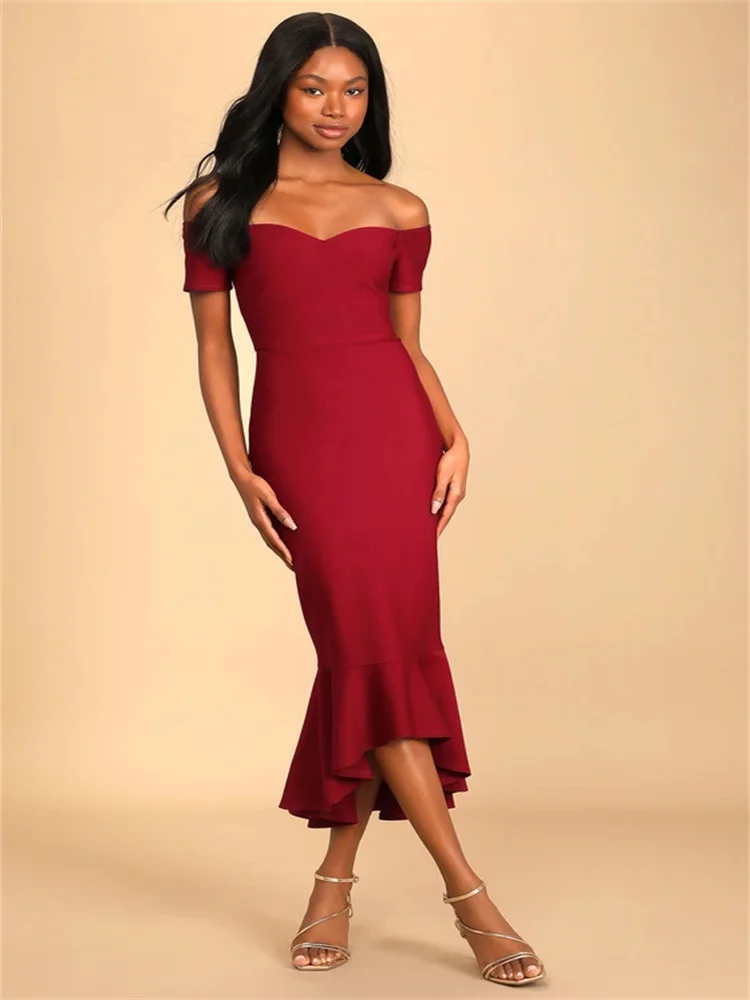 

New Arrival Off Shoulder Neckline Short Sleeves Satin Trumpet Evening Dress Elegant Open Back Ankle Length Gown For Women 2024