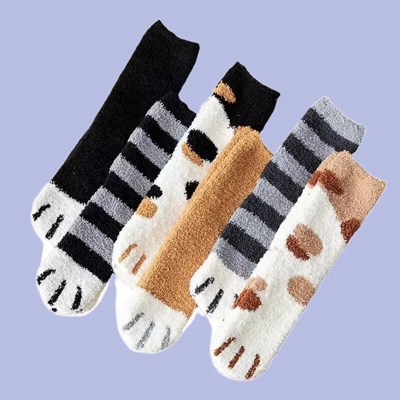 

5/10 Pairs Women's Mid-Tube Autumn and Winter Thick Warm Plush Home Sleeping Towel Floor Cat's Paw Socks Coral Fleece Socks