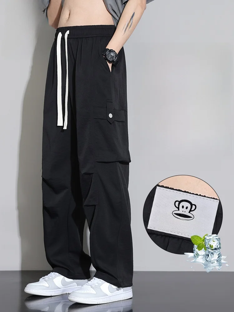 

PaulFrank, тонкие рабочие брюки из ледяного шелка, мужские летние свободные повседневные брюки в американском стиле ретро, прямые брюки, крутое ощущение