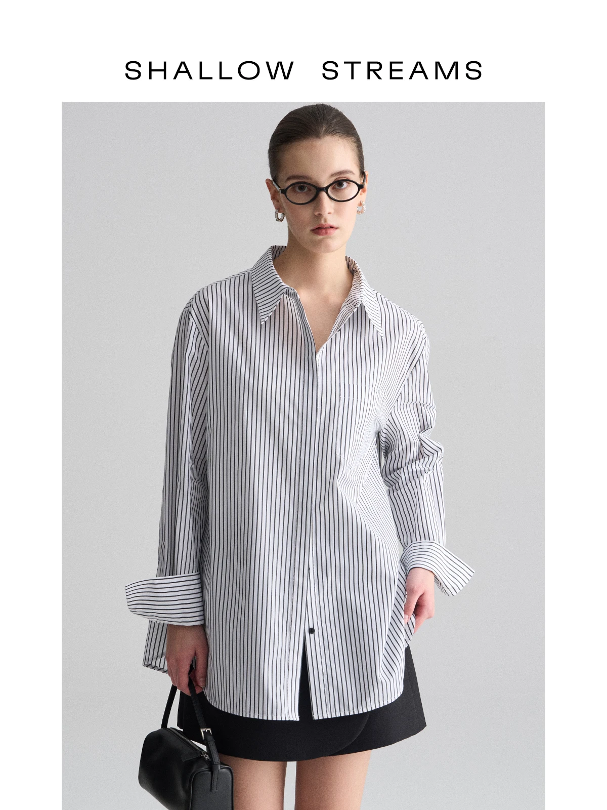 

Shallow Streams Premium Minimalist Slim Stripe Women's Long Sleeve Loose Shirt Casual Style Classic Collar Top