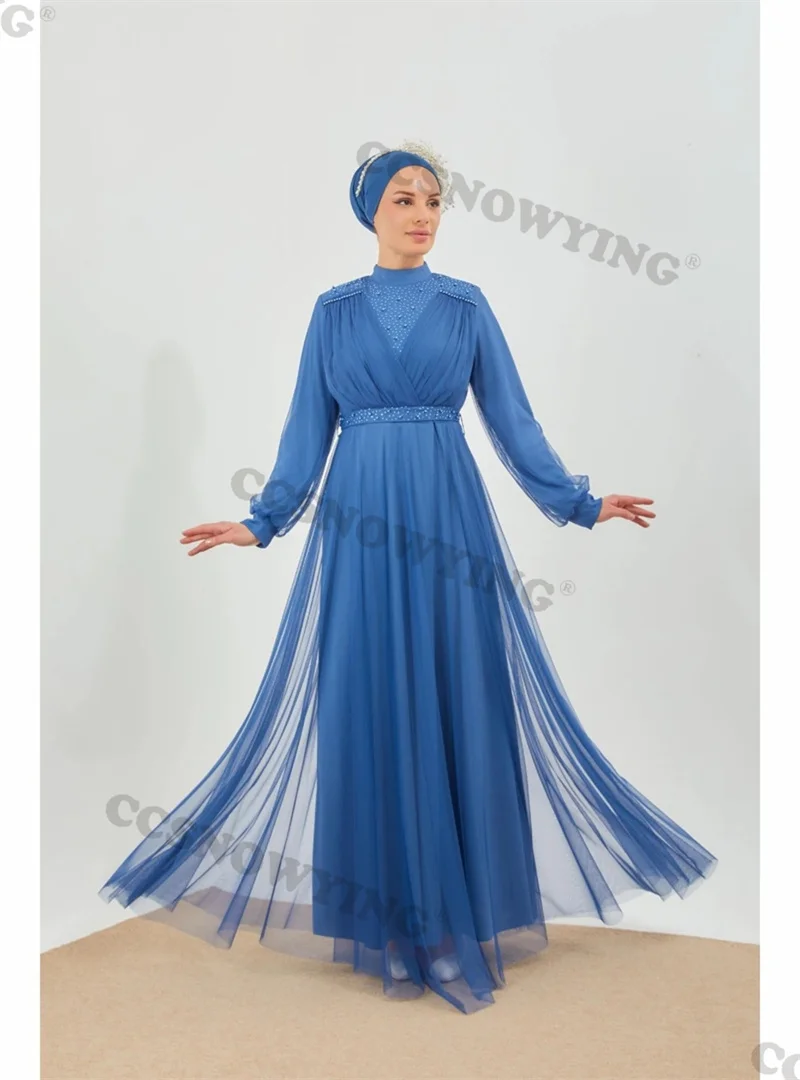 

Тюль бисерный хиджаб мусульманское вечернее платье с длинным рукавом с высоким воротом исламские вечерние платья арабские Дубаи женские марокканские кафтан