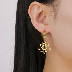 LIKGREAT Open Lotus Flower Dangle Earrings Women Stainless Steel Vintage Yoga Buddhism Healing Amulet Drop Hoop Earring Jewelry