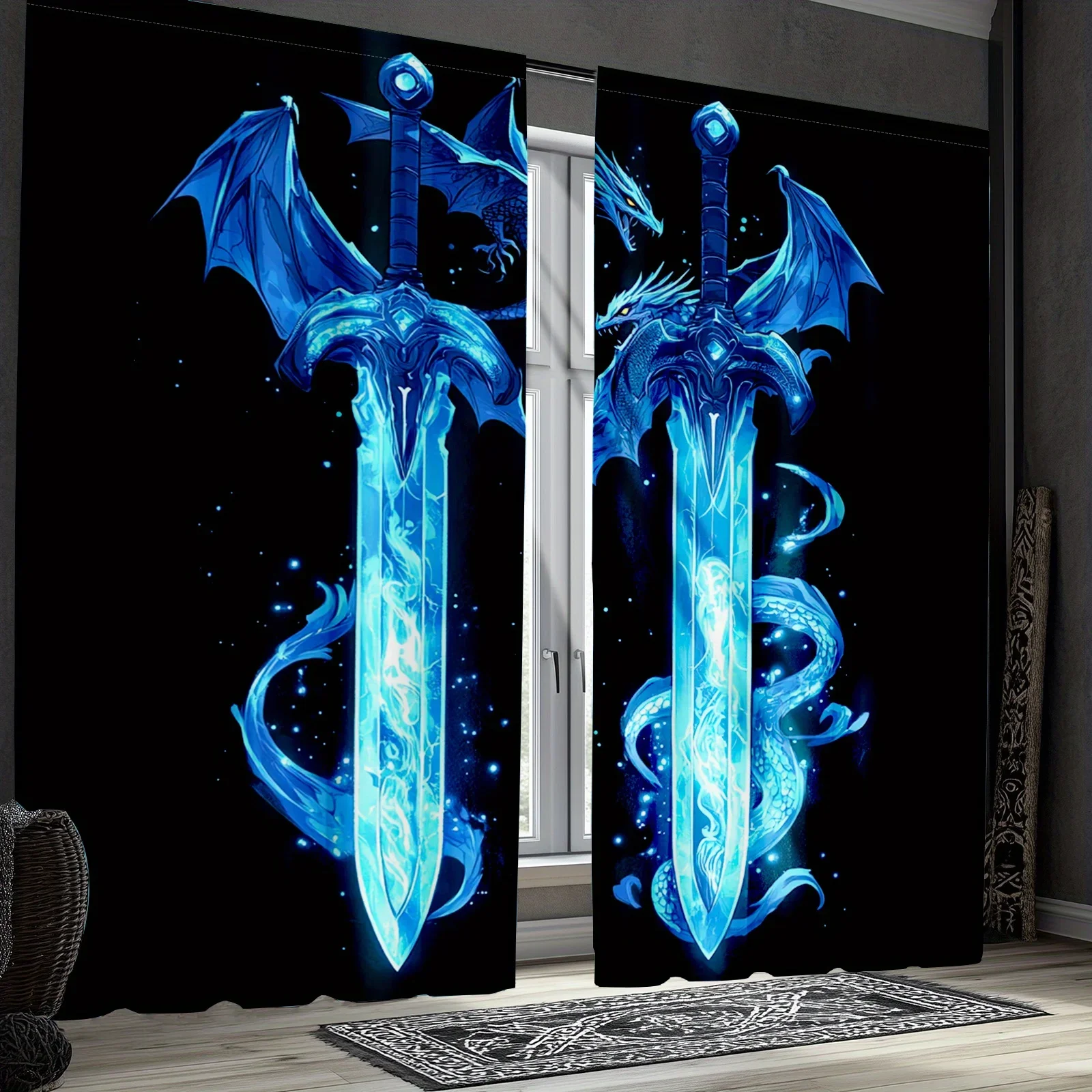 2pcs Dragon and Sword Blackout Curtains – Featuring Frost Sword and Winged Dragon Design, Ideal for Bedroom or Living Room