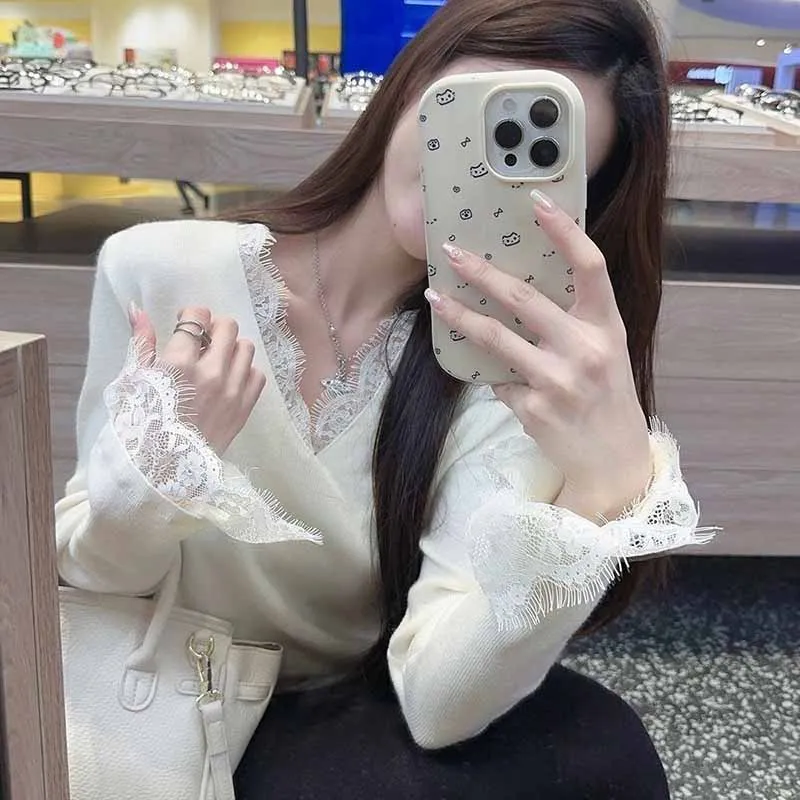 أزياء من الدانتل الخامس الرقبة محبوك سترة للنساء مزاجه أنيقة طويلة الأكمام لاعبا السيدات خريف شتاء قاع البلوز