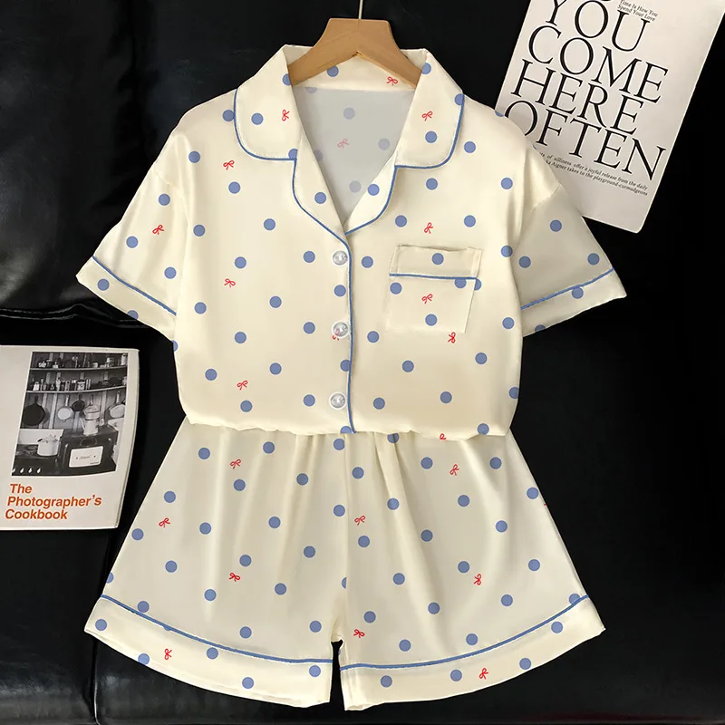 Pyjama d'été Simple et confortable à manches courtes pour femmes, ensemble de costume de maison léger de luxe à pois en soie glacée et Satin frais, nouvelle collection