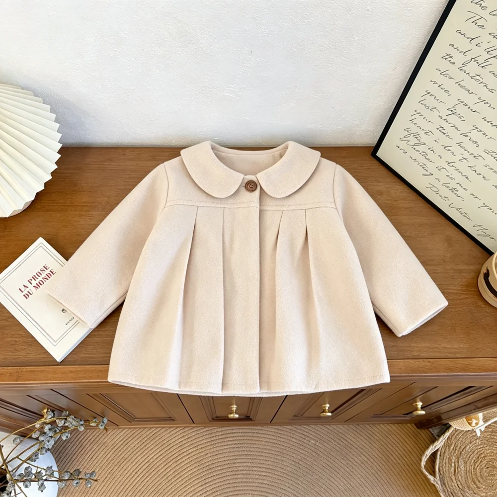 Girls' Outerwear Autumn And Winter Solid Color Casual Collar Baby Girl's Woolen Coat, Outdoor Warm Children's Woolen Coat