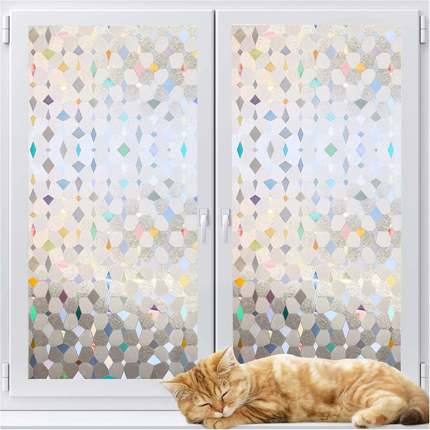 Window Privacy Film, Diamond Mosaic Non Adhesive Removable Colorful Glass Door Window Film Sun-Blocking for Home Decor Bathroom