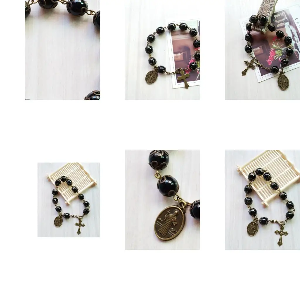  Nice Religious Catholic Bracelets Charm Crucifix Black Glass Beads Bracelet Pendants Jewelry Decoration for Women Gifts