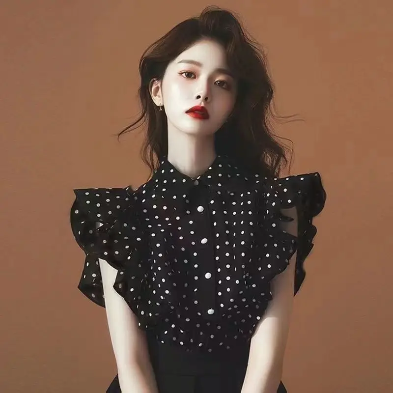 

Стильная черная шифоновая рубашка в горошек, женская летняя модная маленькая верхняя одежда в корейском стиле, легкая блузка во французском стиле