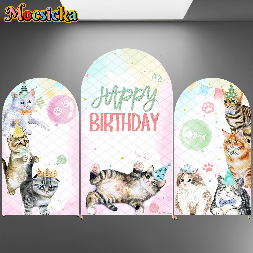 

Mocsicka Happy Birthday Arch Cover Backdrop Children Baby Shower Girl Boy Photo Arched Background Cat Pink Decorations Photocall