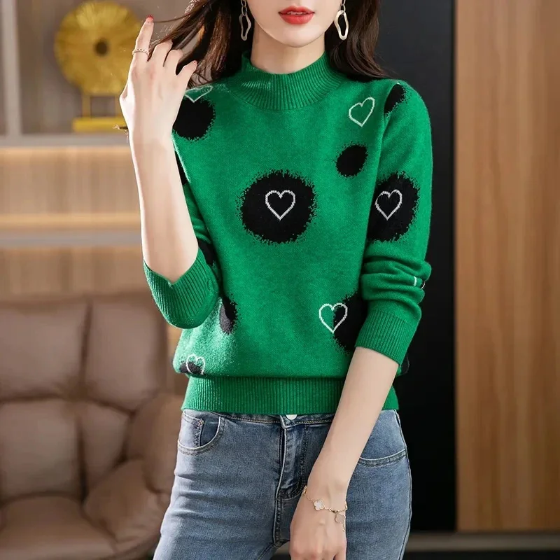 Autumn Winter Thick Warm Chic Love Jacquard Women\'s Sweater 2023 New Wool Knitted Fashion Simple Pullover Knitwear