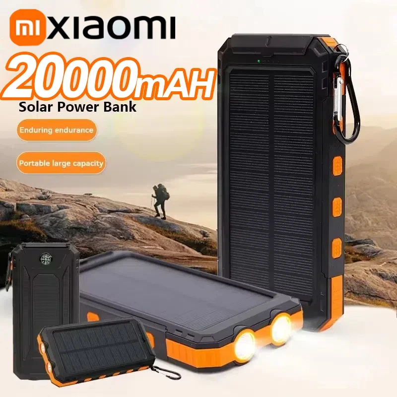 Power Bank tenaga surya 20000mah, berkemah luar ruangan portabel tahan air energi surya Output perangkat kekuatan matahari untuk Iphone Xiaomi Samsung ﻿