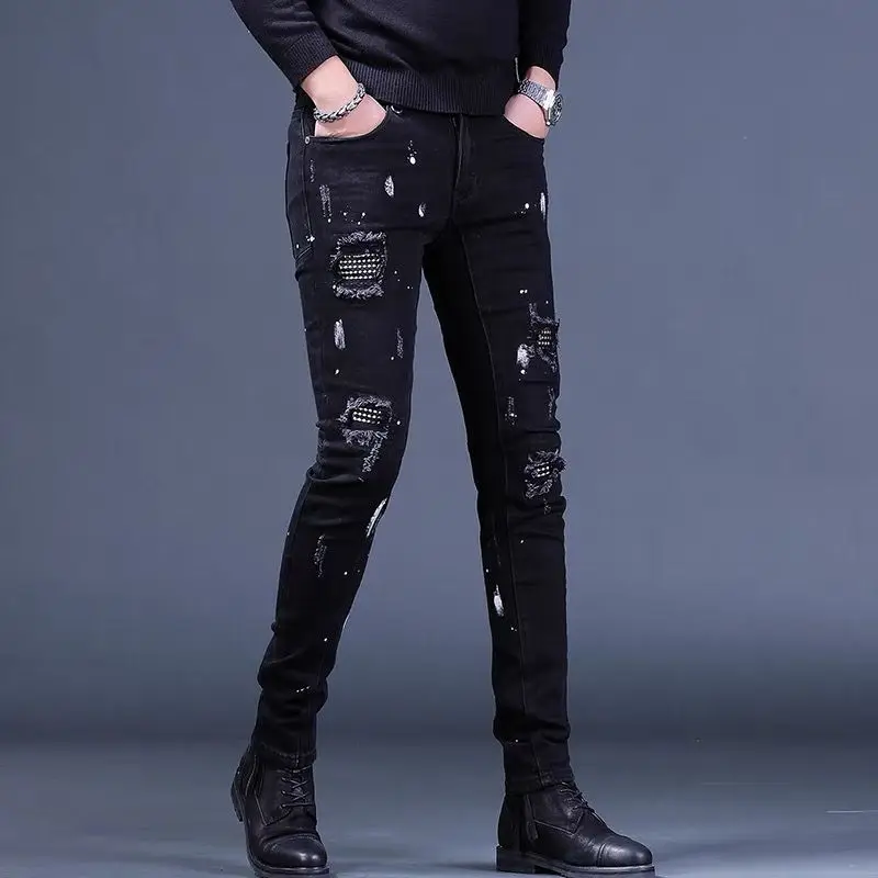 

European and American fashion Ripped jeans men's patch hip-hop splash-ink high street fashion brand Korean fashion beggar pants