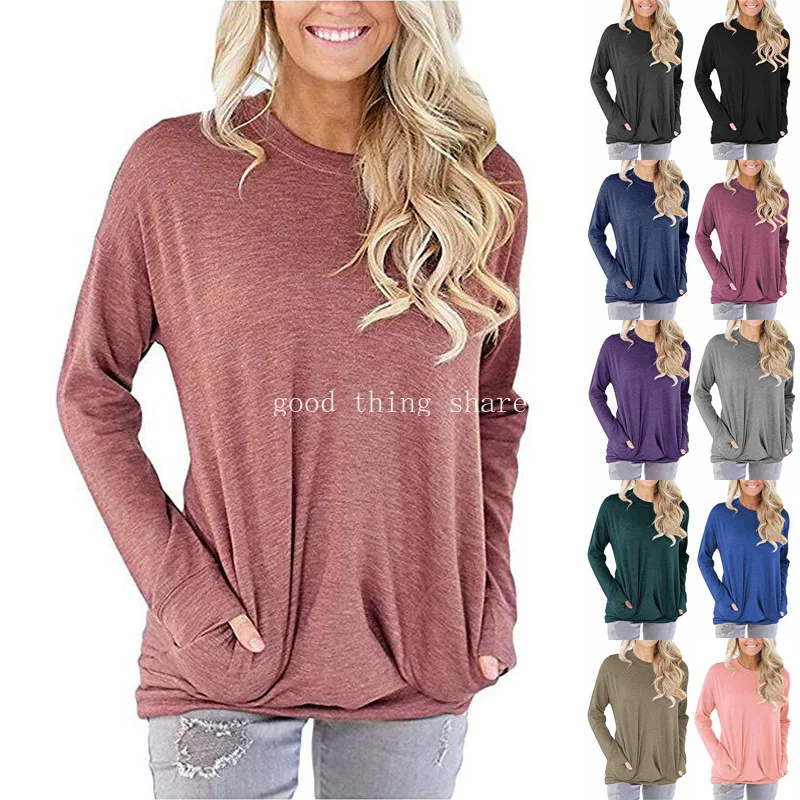 

Women's Pocket Top Solid Color Loose round Neck Batwing Long Sleeve T-shirt