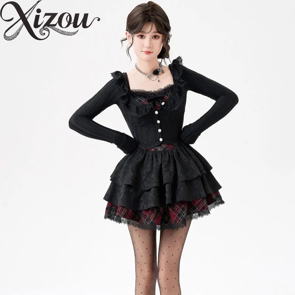 

2025 Lolita Y2k Ladies Plaid Dress Set Japanese Embroidery Long Sleeve Outfits Cardigan Women's Two Piece Set Spring Autumn