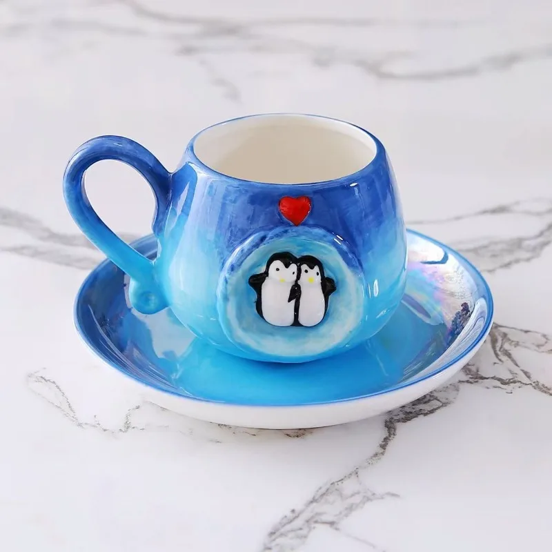 American Espresso Special Cup Gradual Change 3D Penguin with Saucer Cute Girl Heart Couple Relief Painted Pair Mugs Drinkware