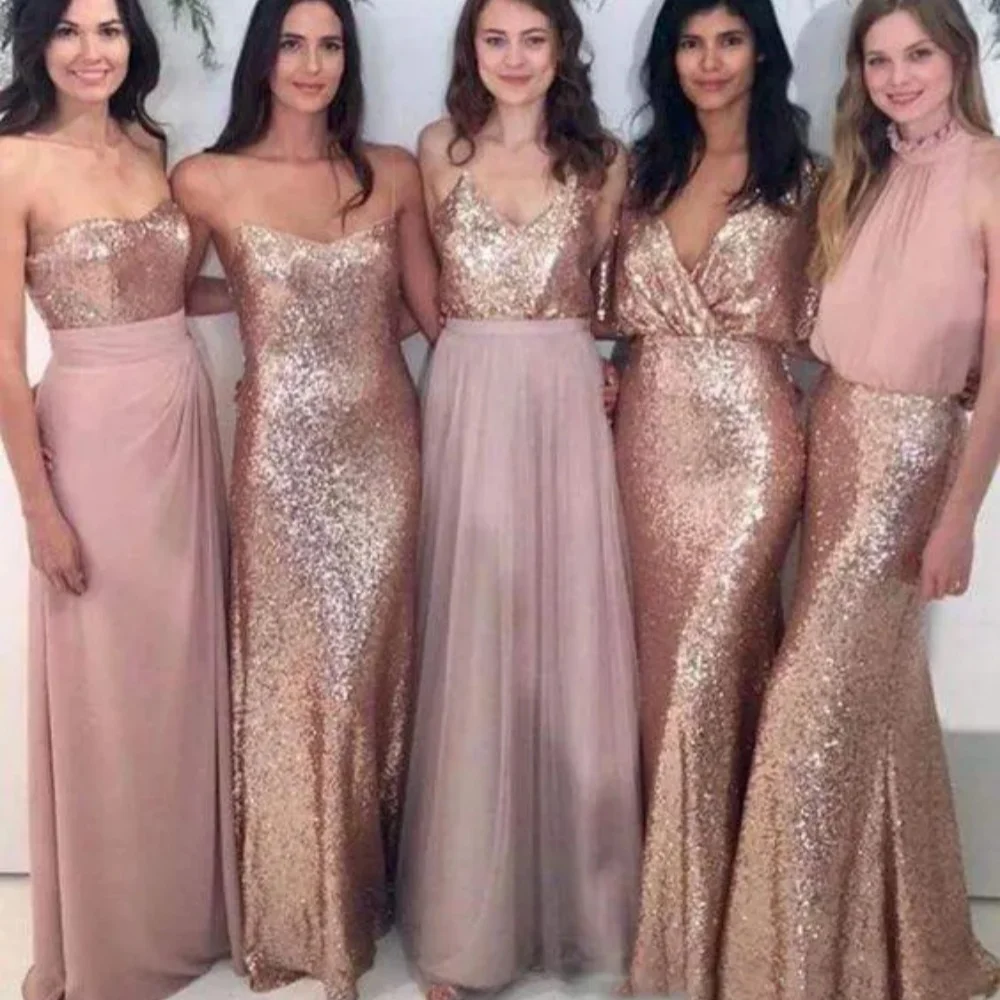 Eleganti 5 stili di abiti lunghi da damigella d'onore 2024 abito estivo a coda di pesce in chiffon con paillettes abito da damigella d'onore economico da sposa