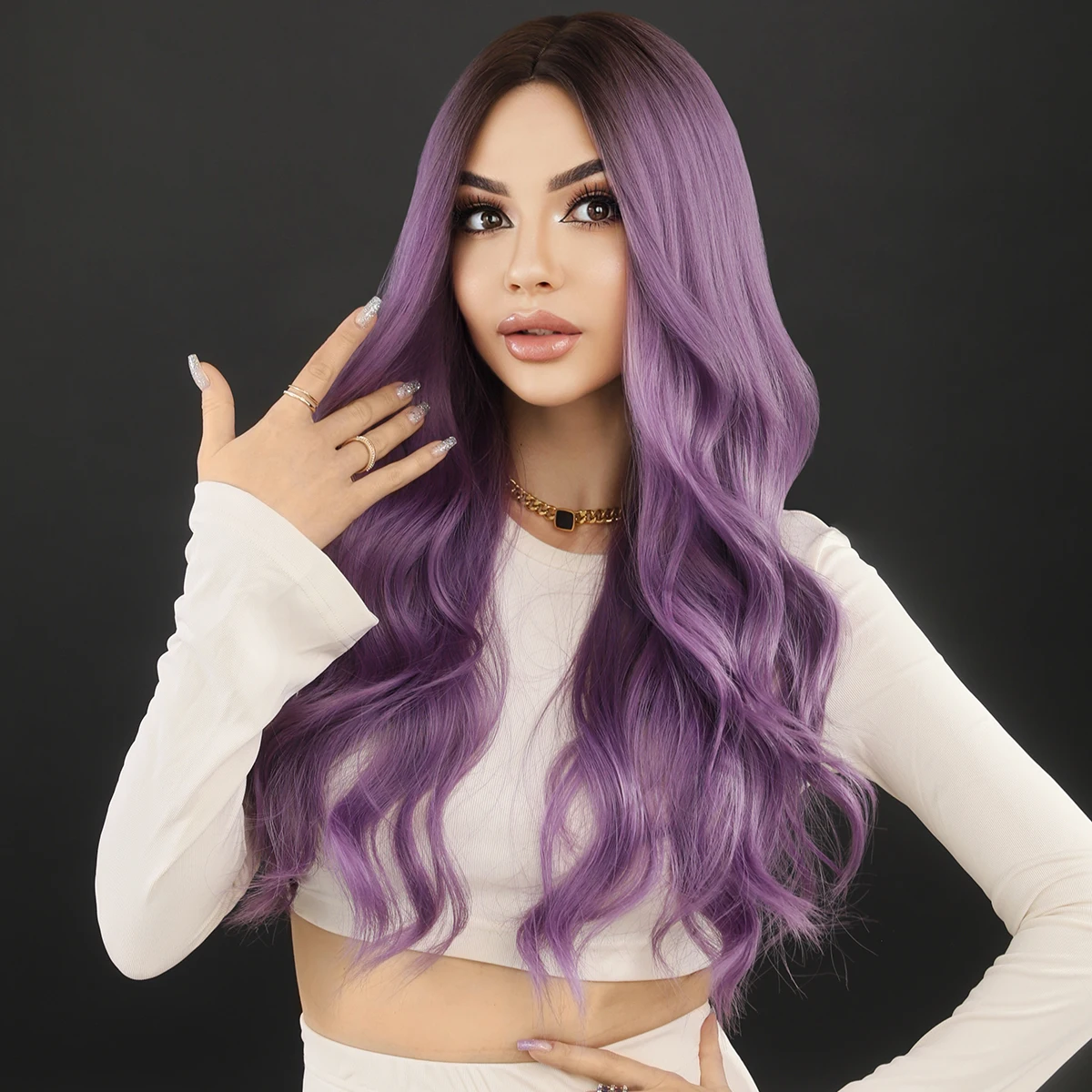 NAMM Long Wavy Purple Hair Wig for Women Cosplay Daily Party Synthetic Wig with Bangs Natural Lavender Lolita Wig Heat Resistant