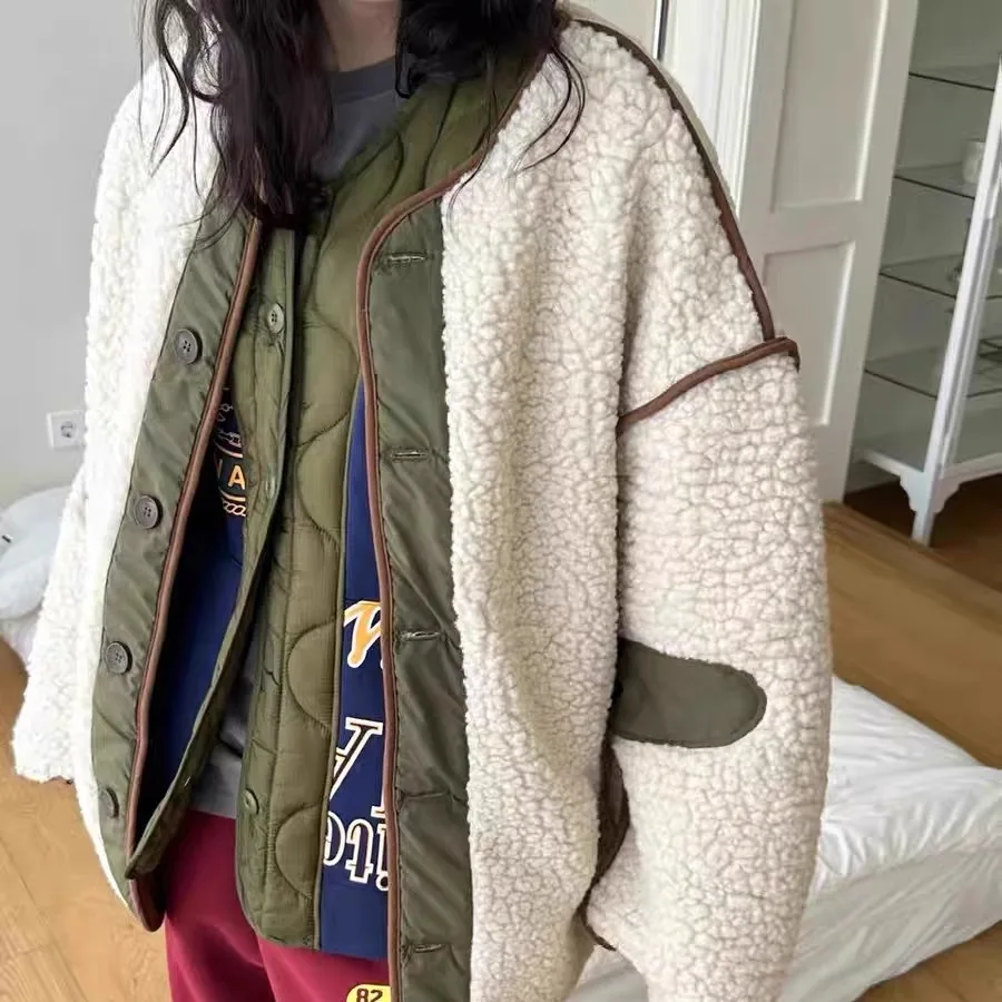 

Lamb Fur Jaet Women Winter Thiened Cotton Splice Design Sense Cotton Coat Outerwear round Ne Loose Fit Regular Length