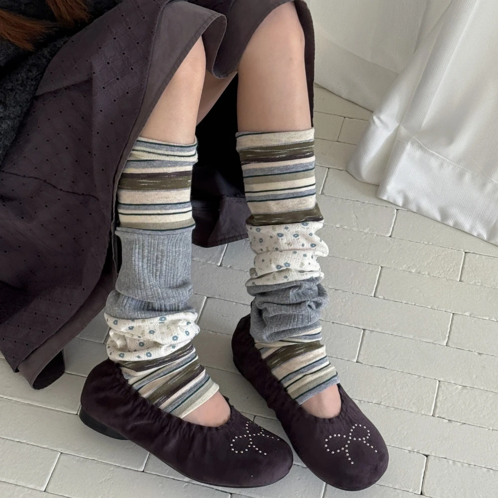 2026 New Striped Leg Warmers Japanese Floral Leg Cover Autumn and Winter Retro Contrasting Color Leg Warmers Knitted Foot Cover