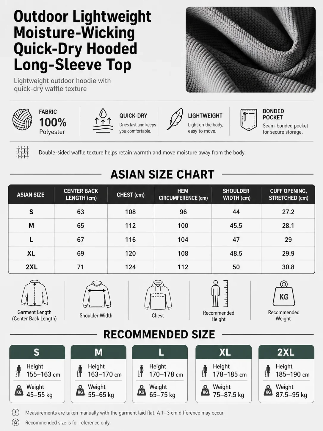 Unisex Leichtgewicht Waffelstruktur Hoodie Schnelltrocknend Langarm T-Shirt Atmungsaktiver Outdoor Sportlicher Pullover für Frühling Herbst – Detail 1