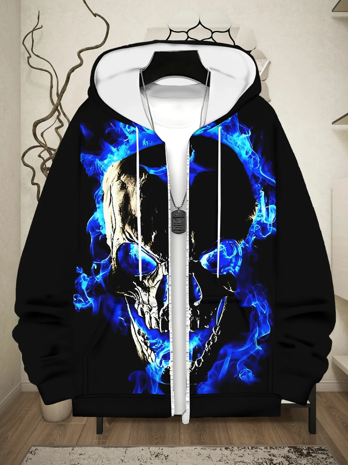 Zipper hoodie for menPolyester Hoodie with Blue Flame Skull Design for Outdoor Activities, Lightweight and Durable, Perfect for