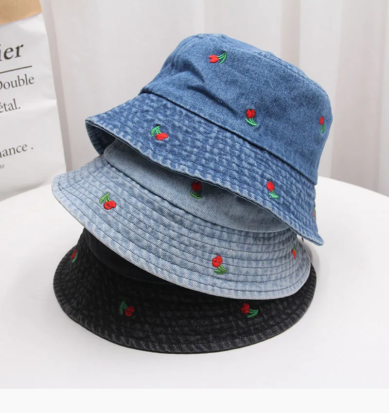 New Summer Embroidery Cherry Washed Denim Bucket Hat For Women Outdoor Fisherman Hat Beachside Sunscreen Cap Female Gift