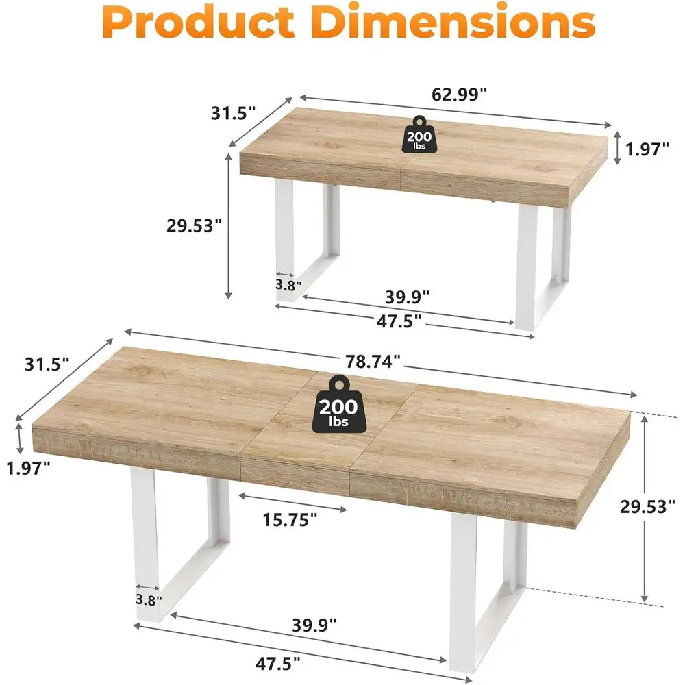 63-78.7Expandale Dining Tale, 6-8 Exle Dining Tale, RecConerence Tale, armKitchen Tale with Slide Track, Tapered U-Shaped Wood L
