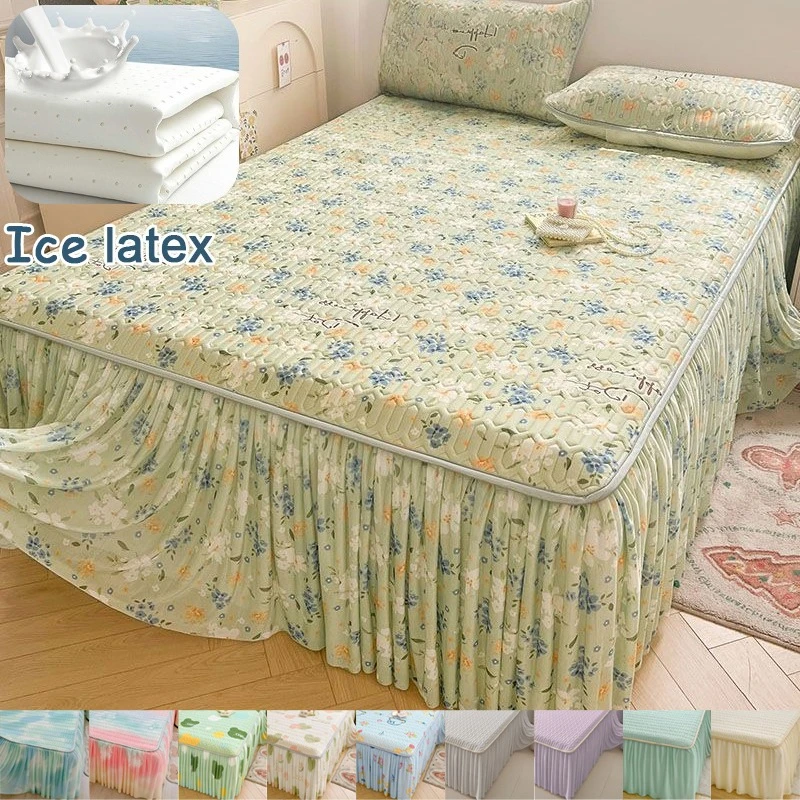 

Summer Cooling Latex Bed Cover Set Floral Print Ruffled Bed Skirt with Elastic Edges Anti Slip Mattress Protector for Hot Nights