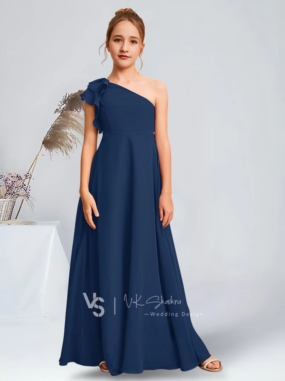 JHG Blue Child Rose A Line One Shoulder Floor Length Chiffon Junior Bridesmaid Dress Flower Girl Dress Kids Girls Wedding Party