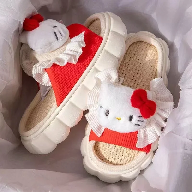 Sanrio Cute Cartoon Anime Hello Kitty bawełniane i lniane kapcie nastoletnie dziewczęta Design oddychające rozmyte kapcie damskie buty domowe