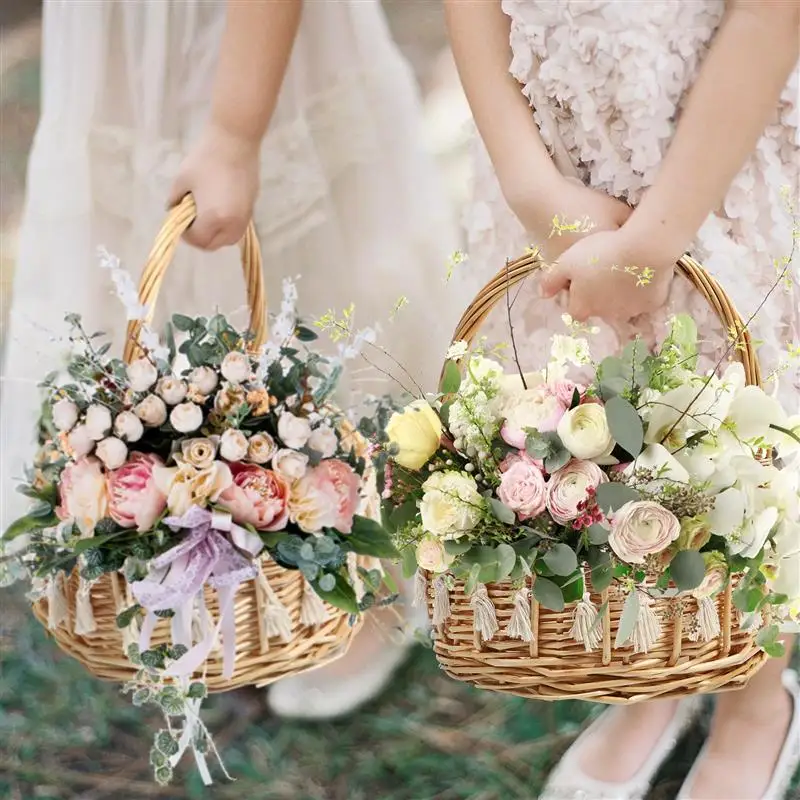 Cesta tejida de ratán decorativa, cesta de flores caqui para boda, decoración del hogar, estilo Natural, duradera