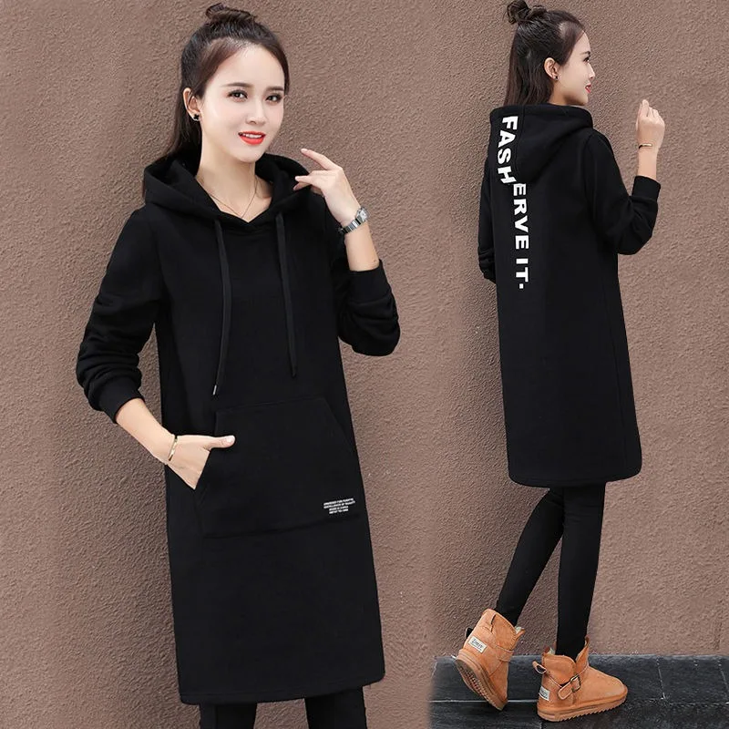 2023 New Mid Length Plush Thick Sweater for Women In Autumn Winter Loose Fitting Hooded Over Knee Jacket Dress