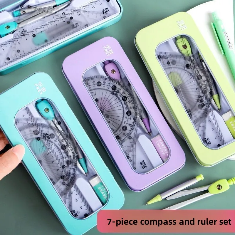 7pcs Geometry Compass and Ruler Set Cute Triangle Student Exam School Stationery Kit